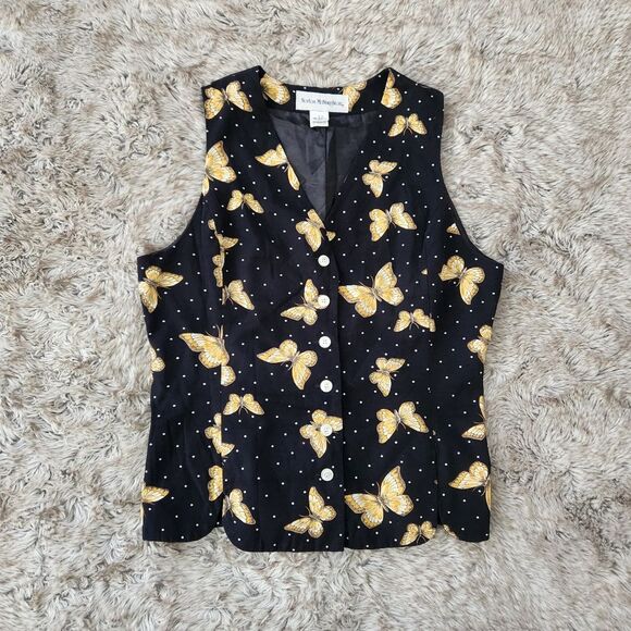 Norton McNaughton Vintage Butterfly Print Suit Vest Black and Yellow Size 12 - Picture 1 of 10